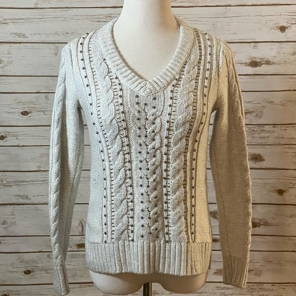 Abercrombie & Fitch cream classic preppy beaded cable knit sweater - Picture 1 of 6